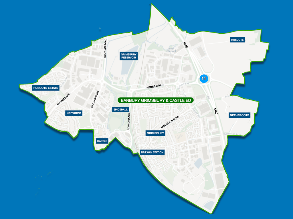 Map of the Banbury Grimsbury and Castle Electoral Division showing neighbourhoods including Grimsbury, Neithrop, Ruscote Estate, Castle, Spiceball, Huscote and Nethercote